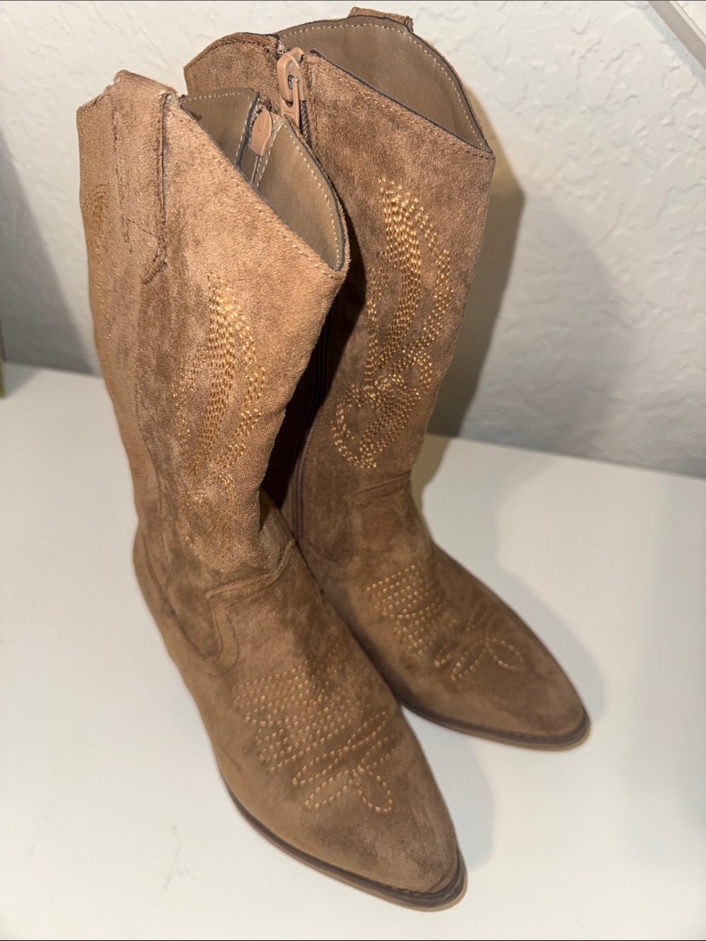 Girls Tan Suede Western Knee-High Boots